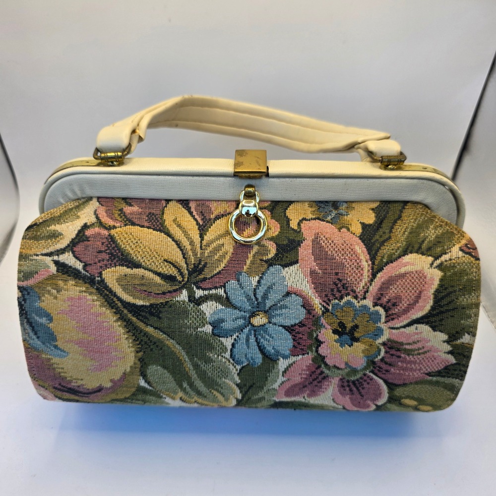 Vintage Floral Tapestry Doctor Bag Cream Woven Satchel Gold Hardware Handbag